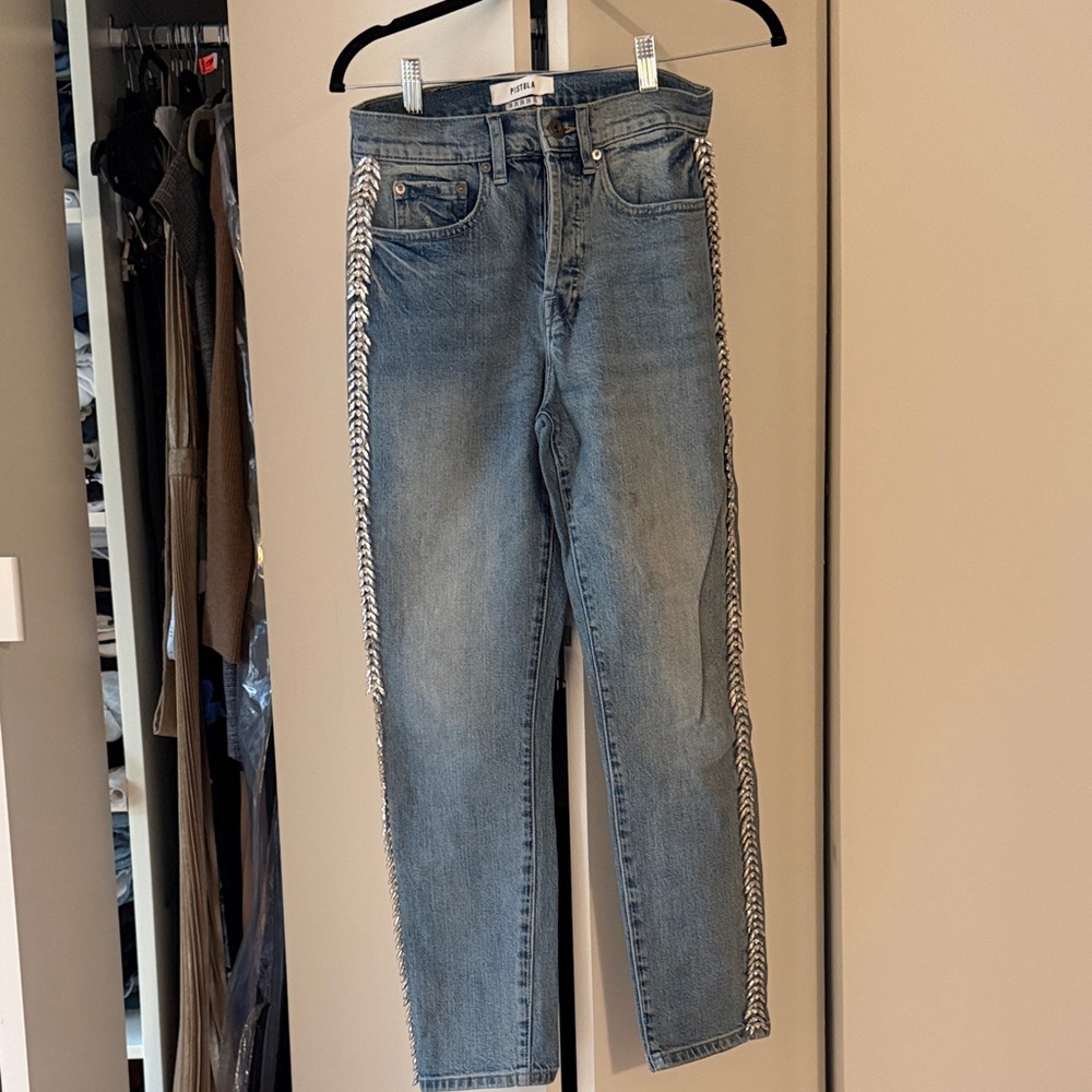 pistola Light Blue Denim Jeans with Braided White Accent